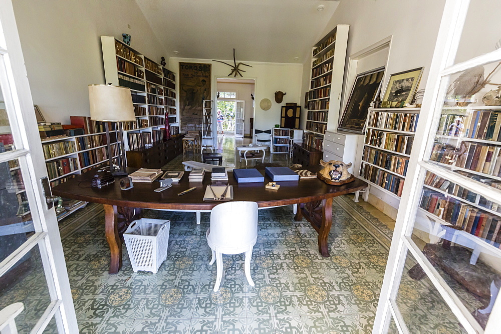 The library at Finca Vigia (Finca La Vigia), the home of Ernest Hemingway in San Francisco de Paula Ward in Havana, Cuba, West Indies, Central America