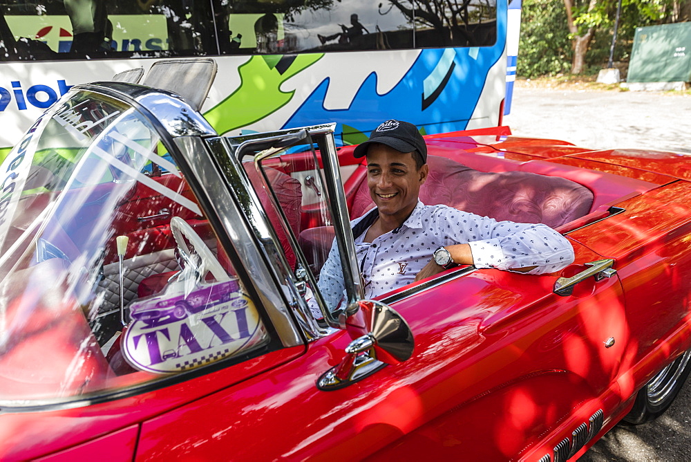 Classic American car being used as a taxi, locally known as almendrones, Havana, Cuba, West Indies, Central America