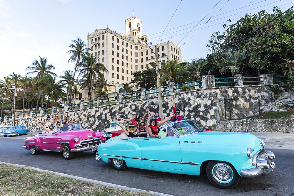 Classic American cars being used as taxis, locally known as almendrones, in Havana, Cuba, West Indies, Central America