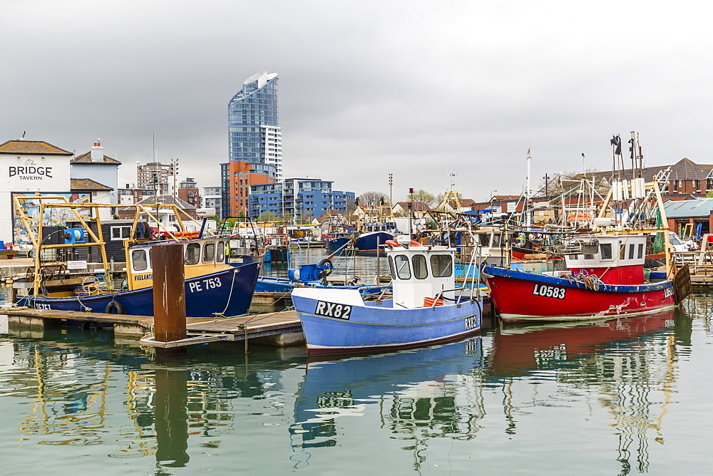 A view of the harbour in the port city of Portsmouth, built on Portsea Island, Hampshire, England, United Kingdom, Europe