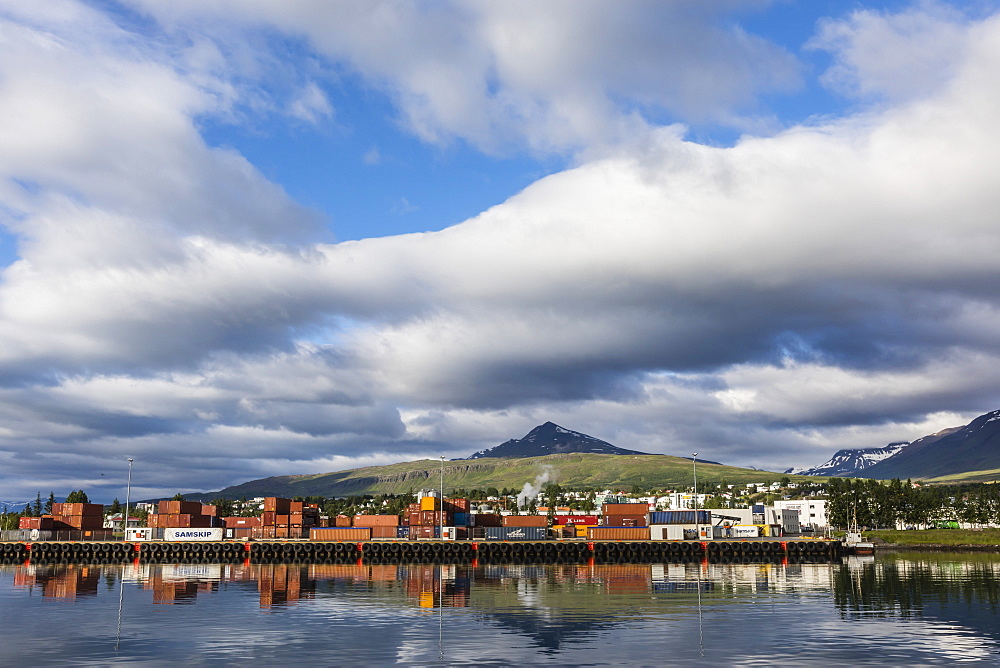 The commercial fishing and shipping harbour of Akureyri, off the north coast of Iceland, Polar Regions