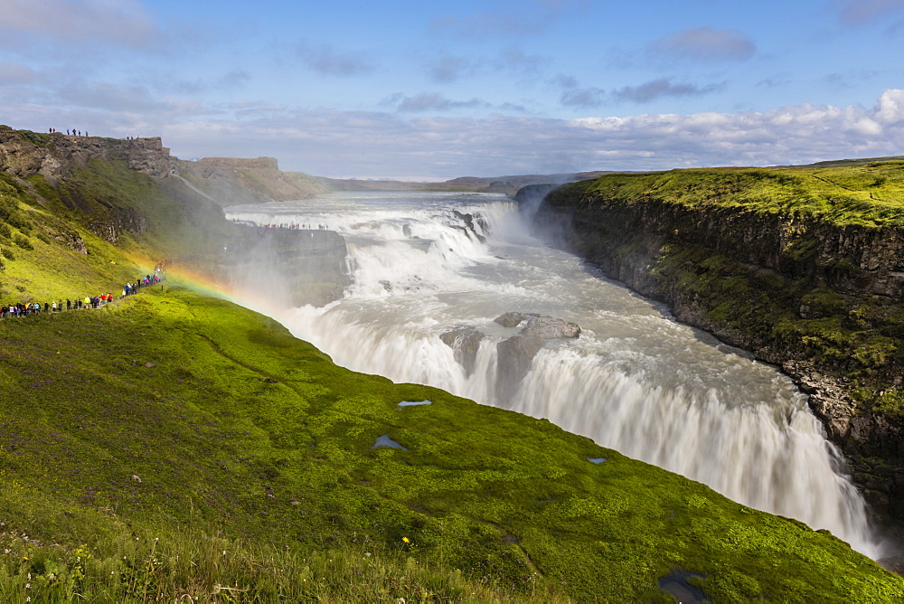 Tourists visiting iconic Gullfoss (Golden Falls), Olfusa River in southwest Iceland, Polar Regions