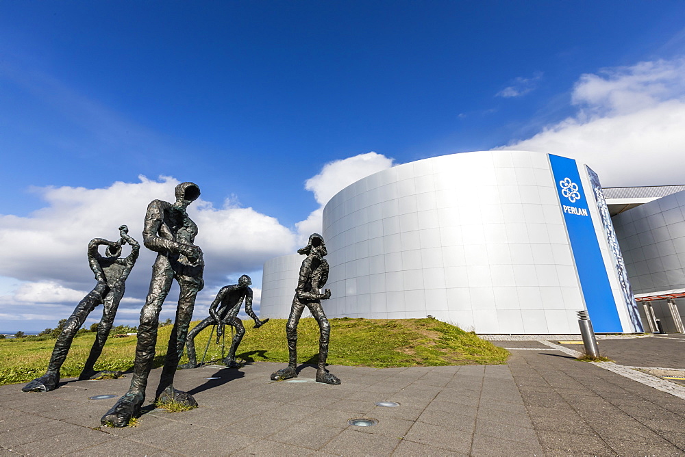 Exterior view of statues in front of The Perlan Museum, in Reykjavik, Iceland, Polar Regions