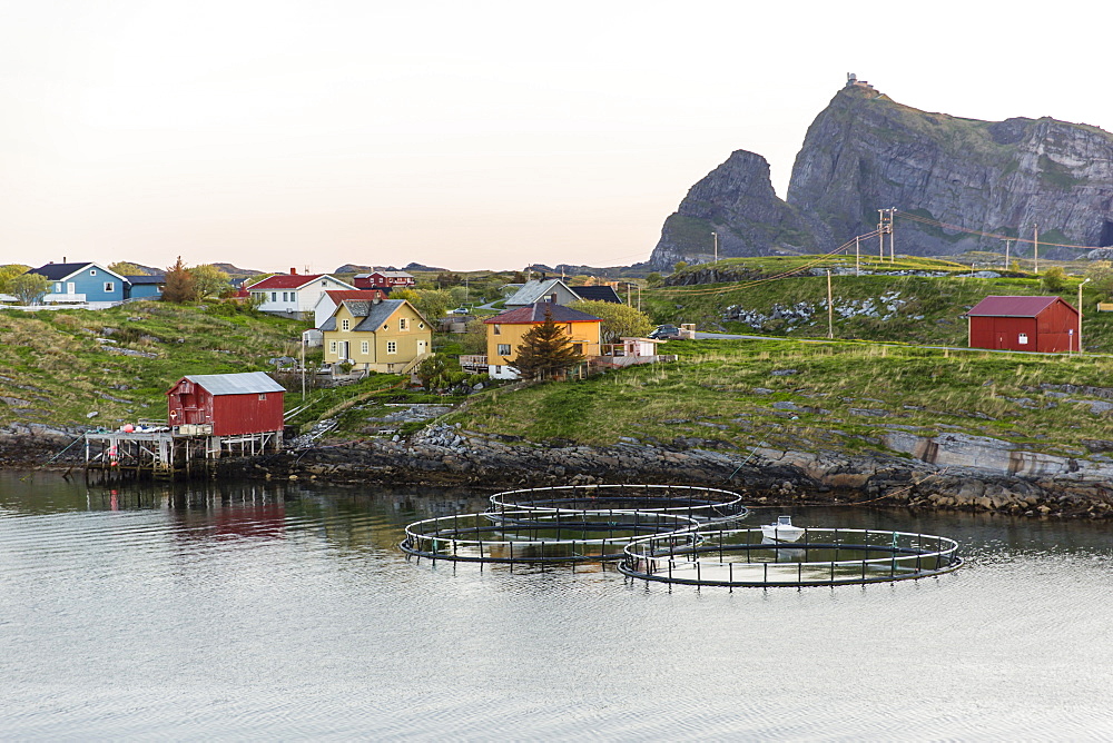 Sunset in the fishing town of Traena (Trana) located on the Arctic Circle, Norway, Scandinavia, Europe