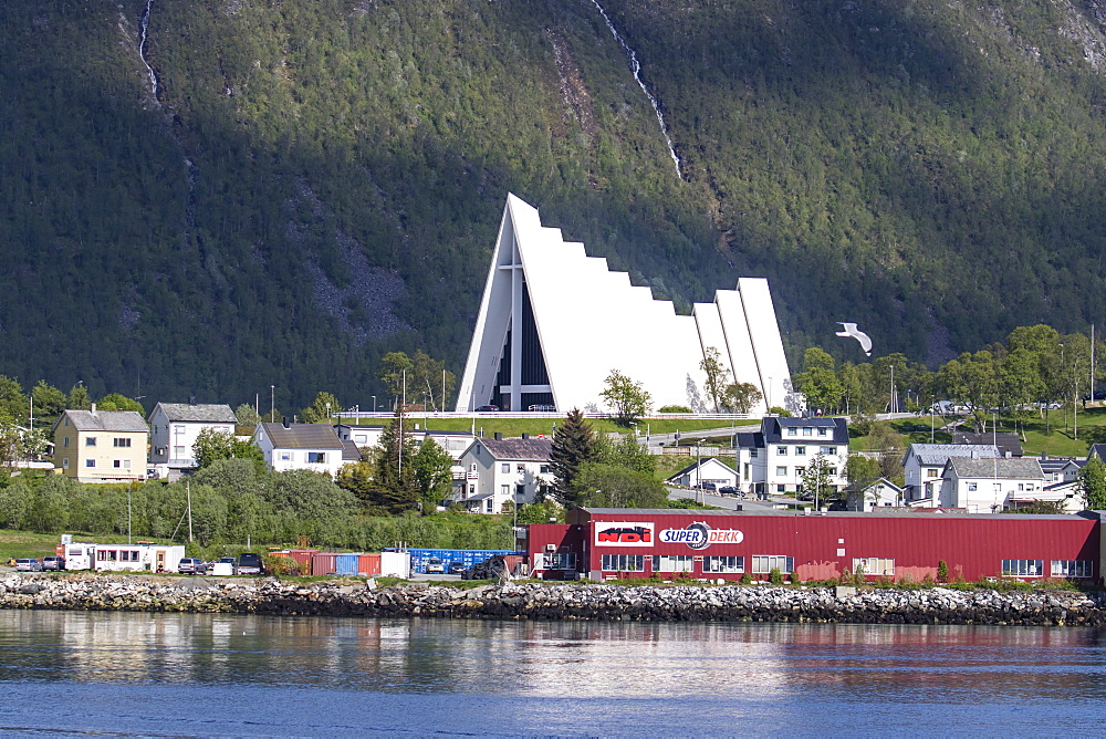 The Ice Cathedral as viewed from the harbor in Tromso, Norway, Scandinavia, Europe