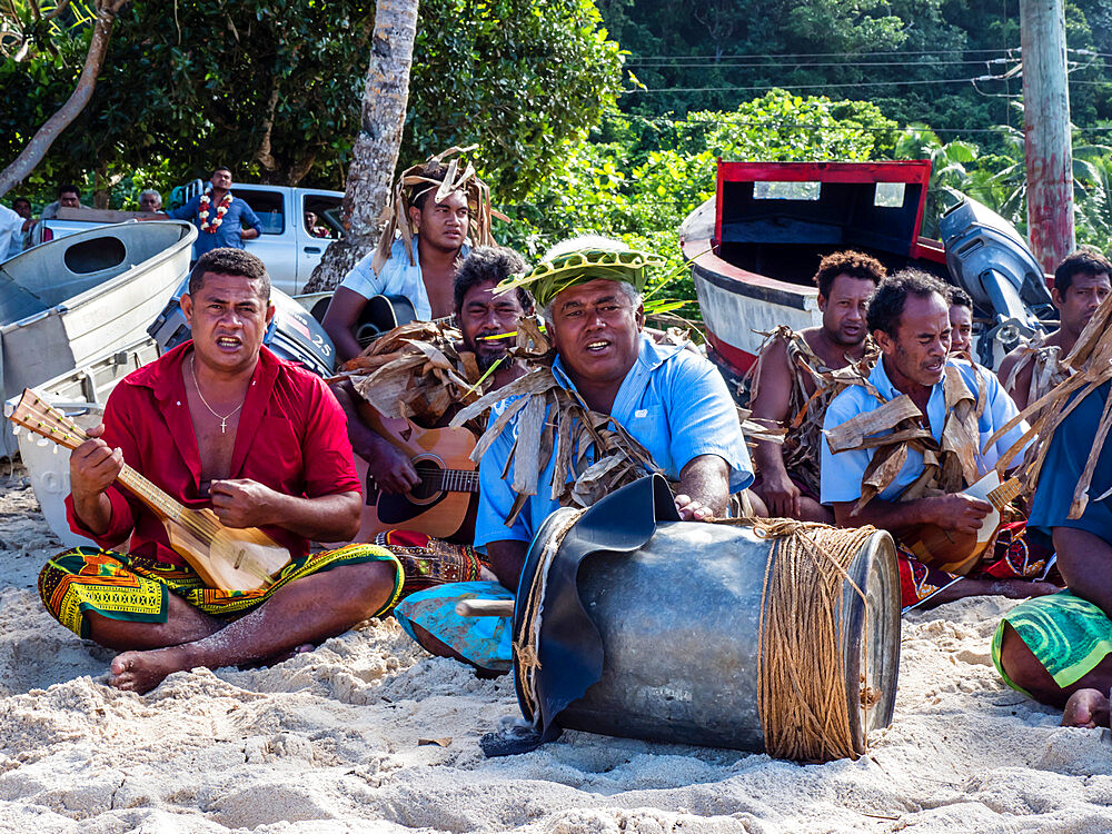 Local musicians greeting visitors on Vele Beach, Futuna Island, French Territory of Wallis and Futuna Islands, South Pacific Islands, Pacific