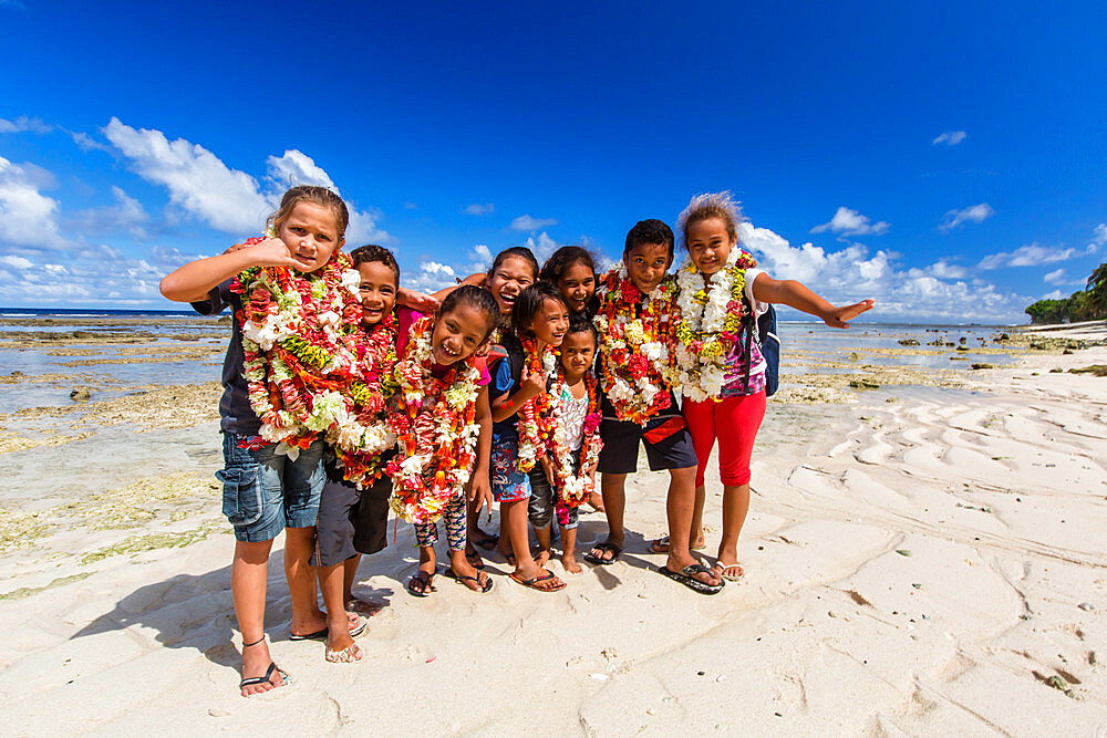 Local children greeting visitors on Vele Beach, Futuna Island, French Territory of Wallis and Futuna Islands, South Pacific Islands, Pacific