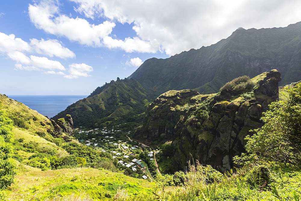 Overlooking the town of Hanavave, Fatu Hiva, Marquesas, French Polynesia, South Pacific, Pacific