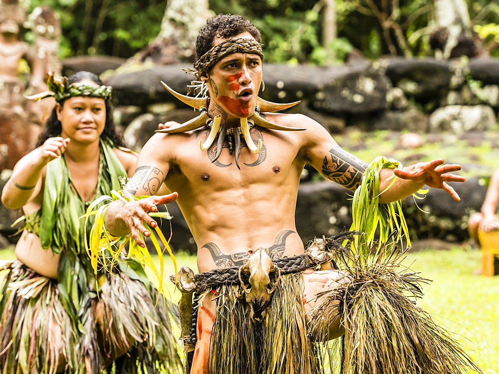 Traditional dance performed in ceremonial costume in Hatiheu, Nuku Hiva Island, Marquesas, French Polynesia, South Pacific, Pacific