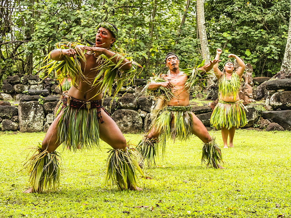 Traditional dance performed in ceremonial costume in Hatiheu, Nuku Hiva Island, Marquesas, French Polynesia, South Pacific, Pacific