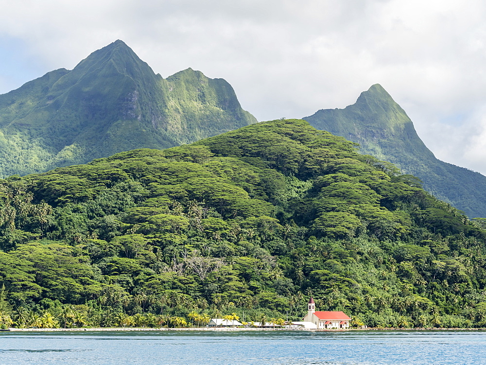 The Protestant church near the marae of Taputapuatea, Raiatea, Society Islands, French Polynesia, South Pacific, Pacific