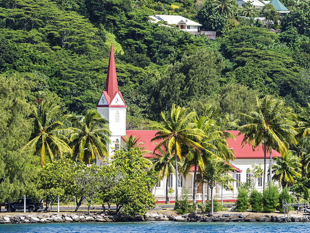 The Protestant church near the marae of Taputapuatea, Raiatea, Society Islands, French Polynesia, South Pacific, Pacific