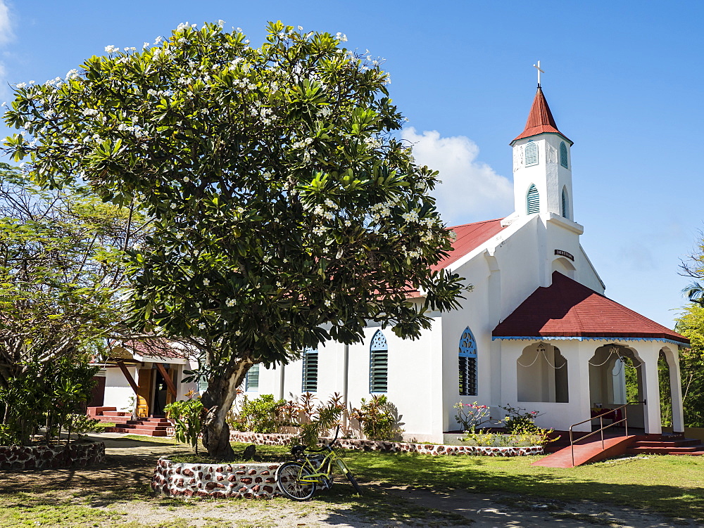 Church built from coral in the small town of Rotoava on Fakarava Atoll, Tuamotus, French Polynesia, South Pacific, Pacific