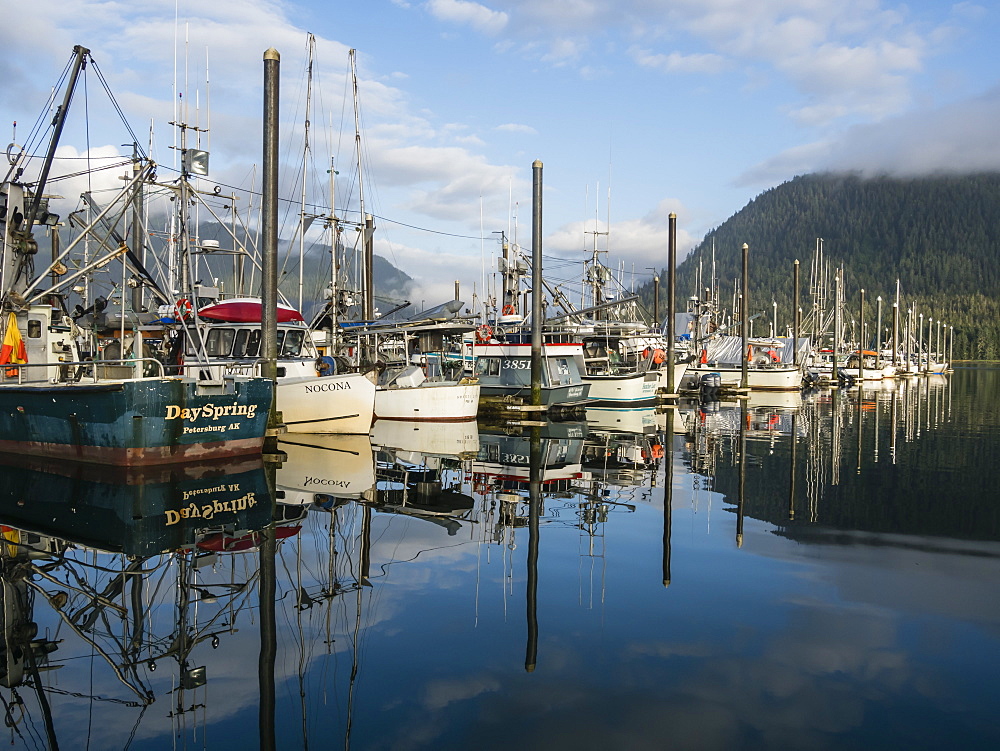 View of the commercial fishing fleet docked in the harbour at Petersburg, Southeast Alaska, United States of America