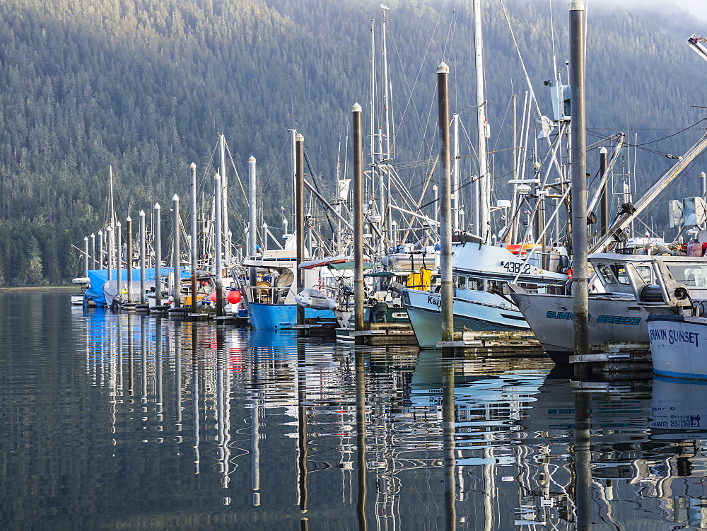 View of the commercial fishing fleet docked in the harbour at Petersburg, Southeast Alaska, United States of America