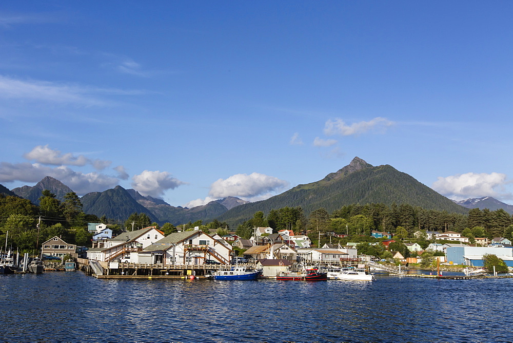 A view of the commercial fishing docks and waterfront in Sitka, Baranof Island, Southeast Alaska, United States of America