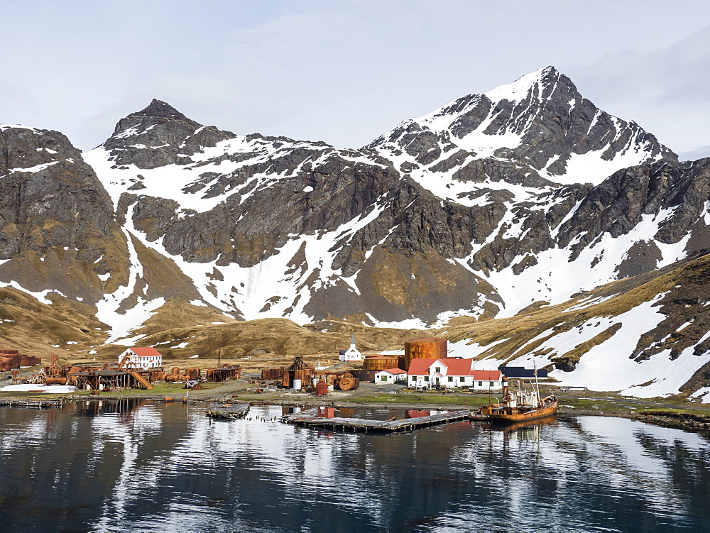 The abandoned whaling station at Grytviken, now cleaned and refurbished for tourism on South Georgia Island, Atlantic Ocean