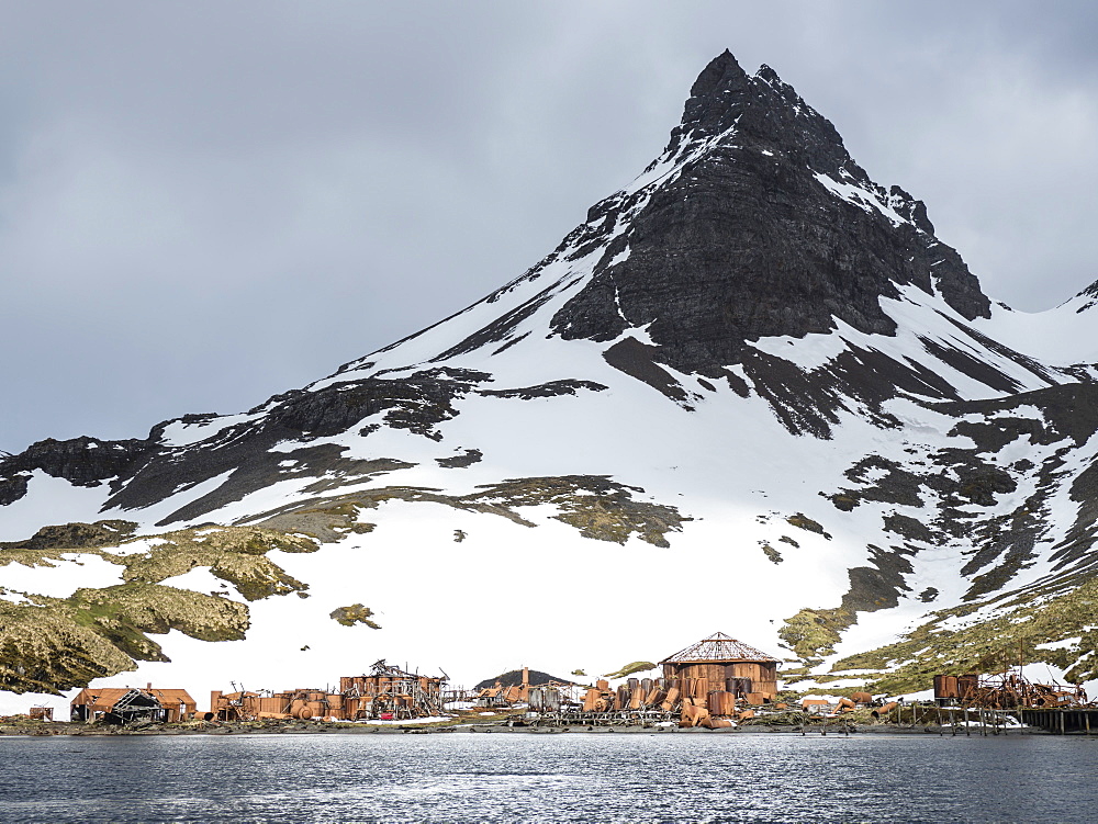 The abandoned remains of the Norwegian Whaling Station in Prince Olav Harbour, Cook Bay, South Georgia Island, Atlantic Ocean