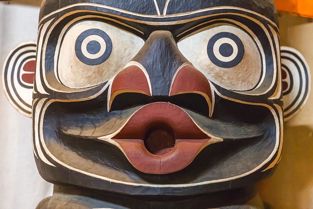 Totem pole in the longhouse of the Kwakwaka'wakw people, Alert Bay, British Columbia, Canada, North America