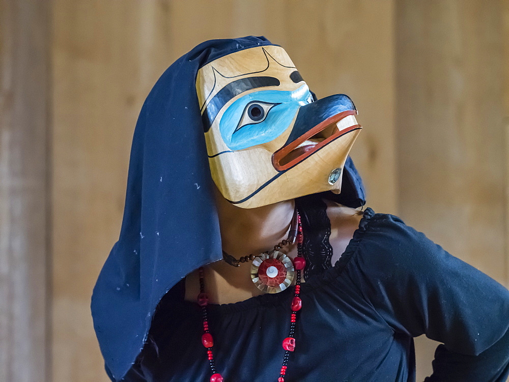 Native dancers in traditional Haida dancing regalia, Old Masset, Haida Gwaii, British Columbia, Canada., North America