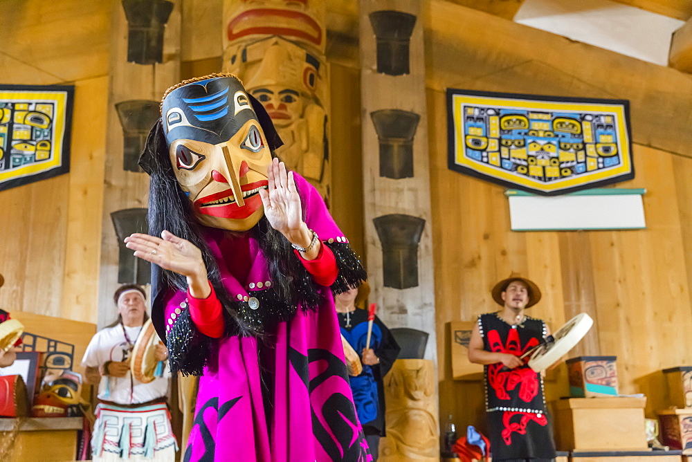 Native dancers in traditional Haida dancing regalia, Old Masset, Haida Gwaii, British Columbia, Canada, North America