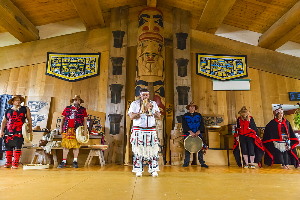 Native dancers in traditional Haida dancing regalia, Old Masset, Haida Gwaii, British Columbia, Canada, North America