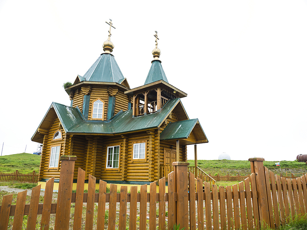 Exterior view of the Russian Orthodox Church in Nikolskoye Village, Commander Islands, Kamchatka, Russia, Eurasia