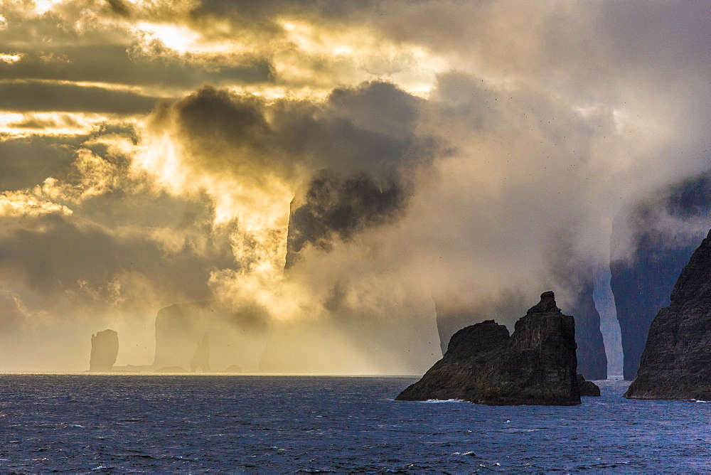 Mykines coastline at sunrise, Faroes, Denmark, Europe 