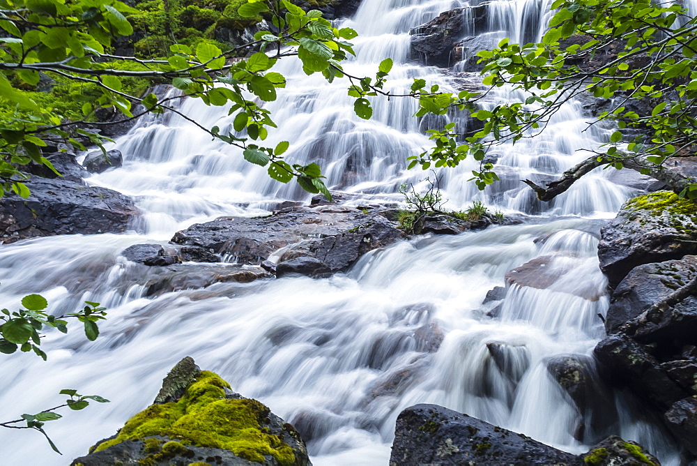 Slow shutter speed to create silky waterfall, Hellemoboten, Norway, Scandinavia, Europe 