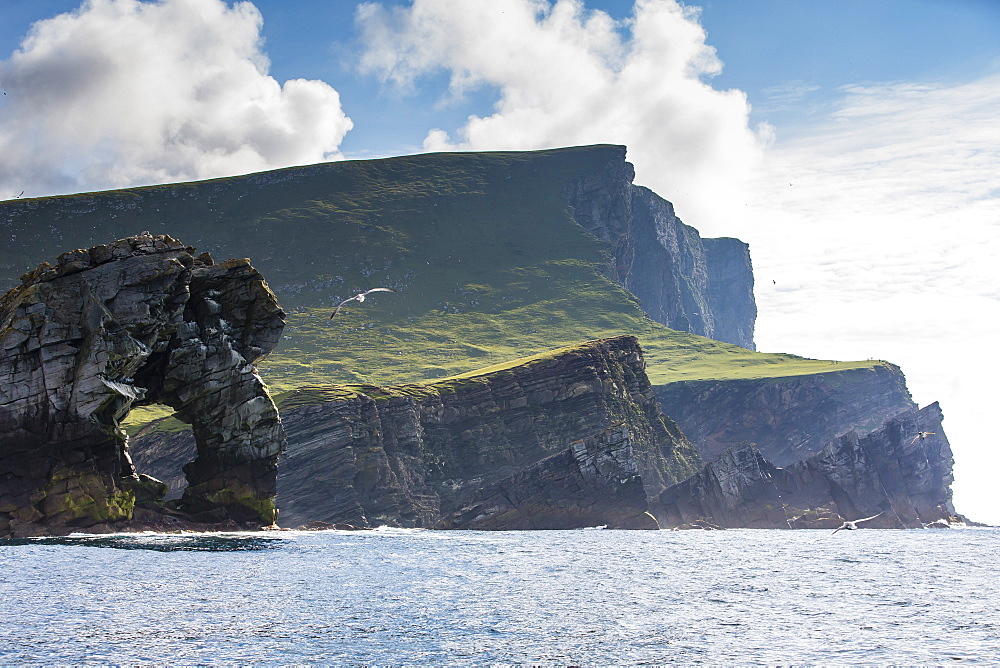 Rock formation known as Gada's Stack on Foula Island, Shetlands, Scotland, United Kingdom, Europe 