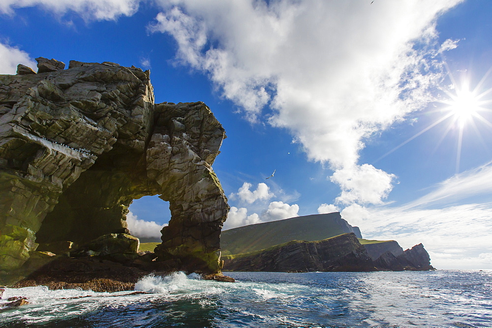 Rock formation known as Gada's Stack on Foula Island, Shetlands, Scotland, United Kingdom, Europe 