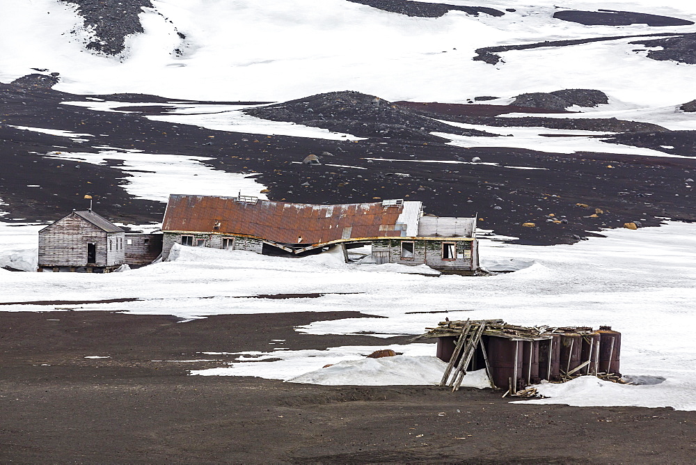 Remains of the abandoned whale station in Port Foster, Deception Island, South Shetland Islands, Antarctica, Polar Regions