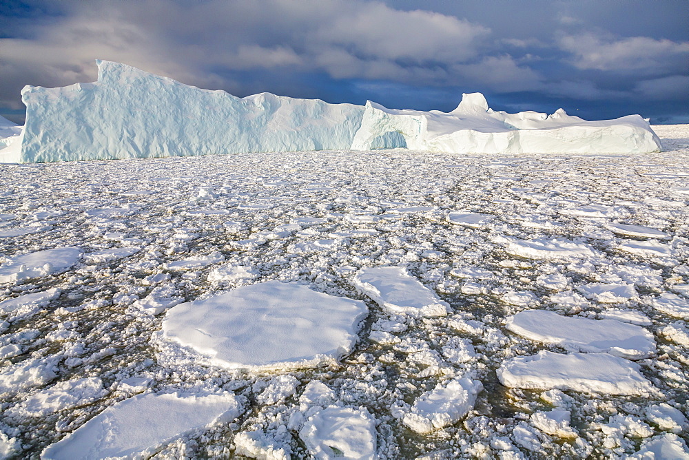 Huge iceberg amongst sea ice near Petermann Island, western side of the Antarctic Peninsula, Southern Ocean, Polar Regions