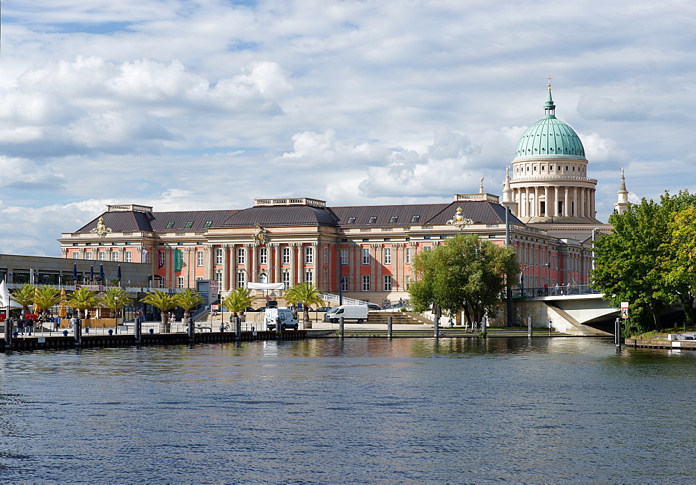 Pier of the Weisse Flotte ship company, Havel, Potsdam City Palace and Church of St. Nicholas, Potsdam, Brandenburg, Germany