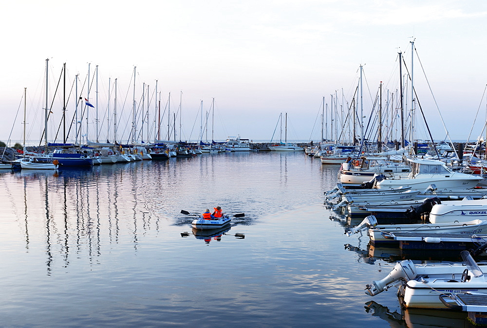 Yacht port at sunset, seaside resort of Kuehlungsborn at the Baltic Sea, Mecklenburg-Western Pomerania, Germany