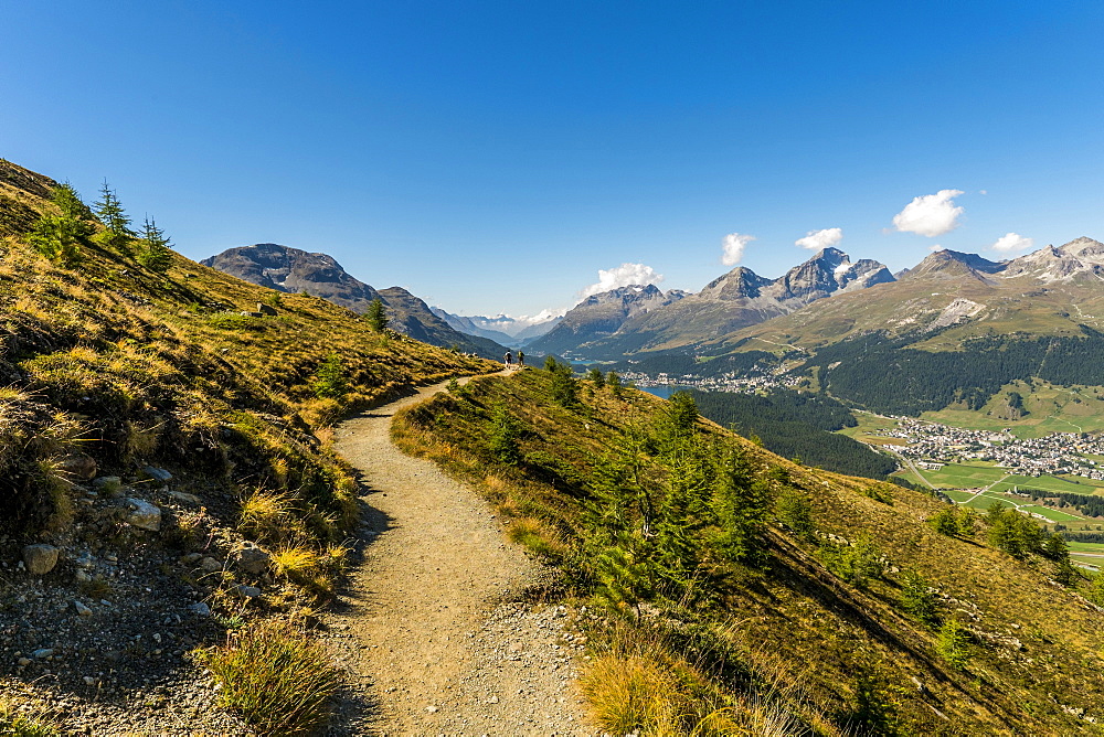 Hiking trail, Muottas Muragl, Pontresina, Upper Engadin, Canton of Graubuenden, Switzerland