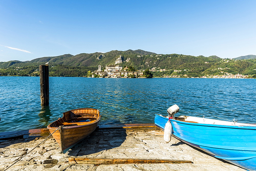 View over Lake Orta to Isola San Giulio, Orta San Giulio, Piedmont, Italy