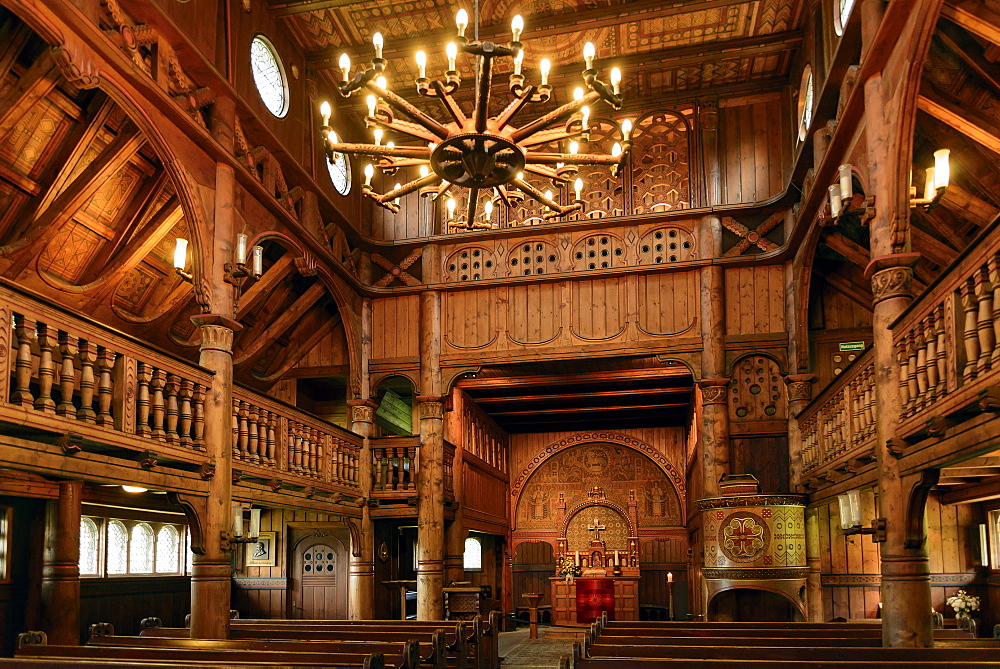 Interior of Stave church in Hahnenklee, Harz, Lower-Saxony, Germany, Europe