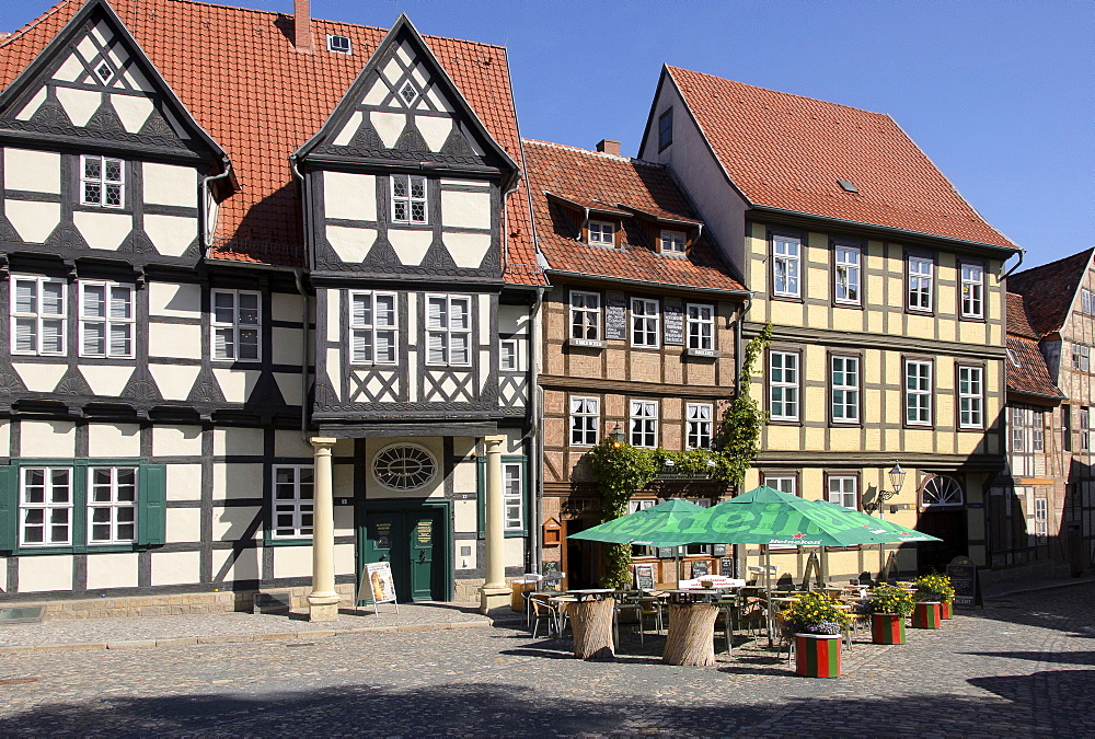 Half-timbered houses at Finkenherd, Quedlinburg, Harz, Saxony-Anhalt, Germany, Europe