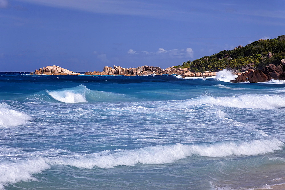 Grand Anse beach with strong currents on the East Coast, La Digue, Seychelles, Indian Ocean