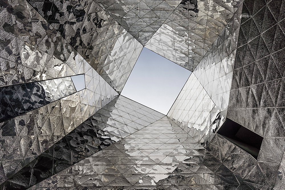 Mirror composition at Forum Building by Jacques Herzog and Pierre de Meuron, Museu Blau de les Ciencies Naturals, Barcelona, Catalonia, Spain