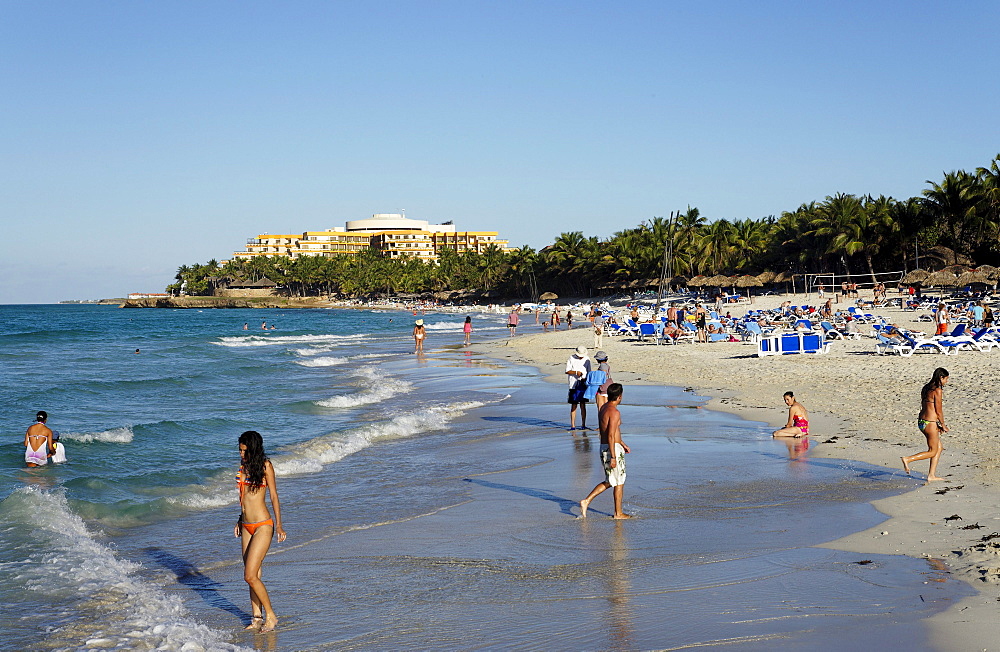 People at beach, Hotel Melia Varadero in background, Varadero, Matanzas, Cuba, West Indies