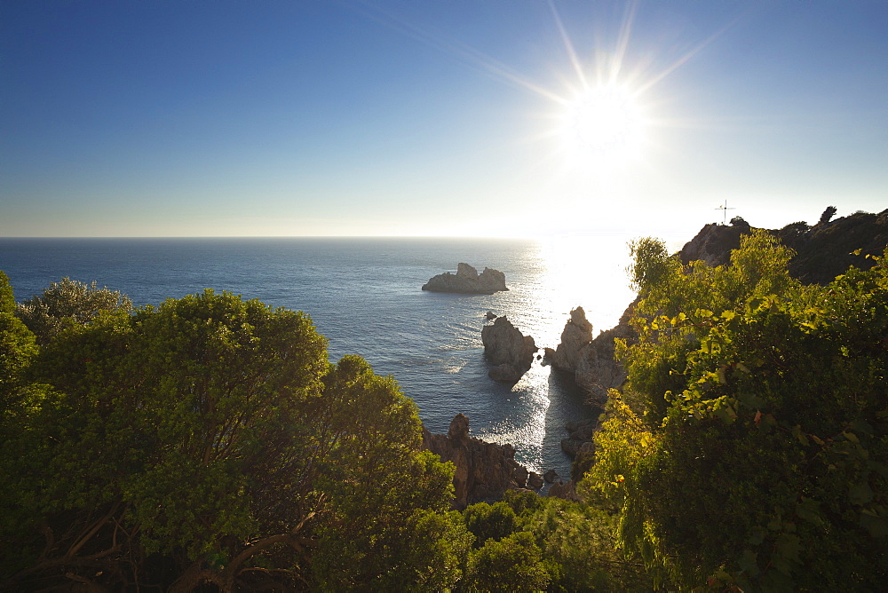 View from Panagia Theotokou monastery over the rocky cliffs of Paleokastritsa Bay, Corfu island, Ionian islands, Greece