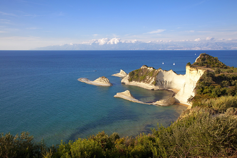 Sailing boats at Cape Drastis, near Peroulades, Sidari, Corfu island, Ionian islands, Greece