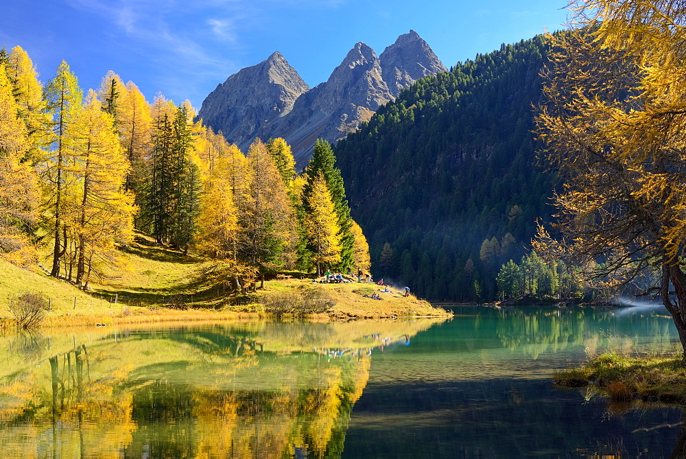 Golden larches at lake Palpuogna (1918 m) with Piz da la Blais (2930 m), Grisons, Switzerland