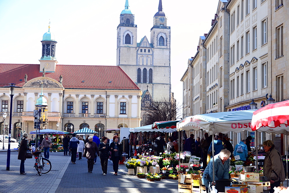 Market square at the old town hall with church, Johanniskirche, Magdeburg, Saxony-Anhalt, Germany