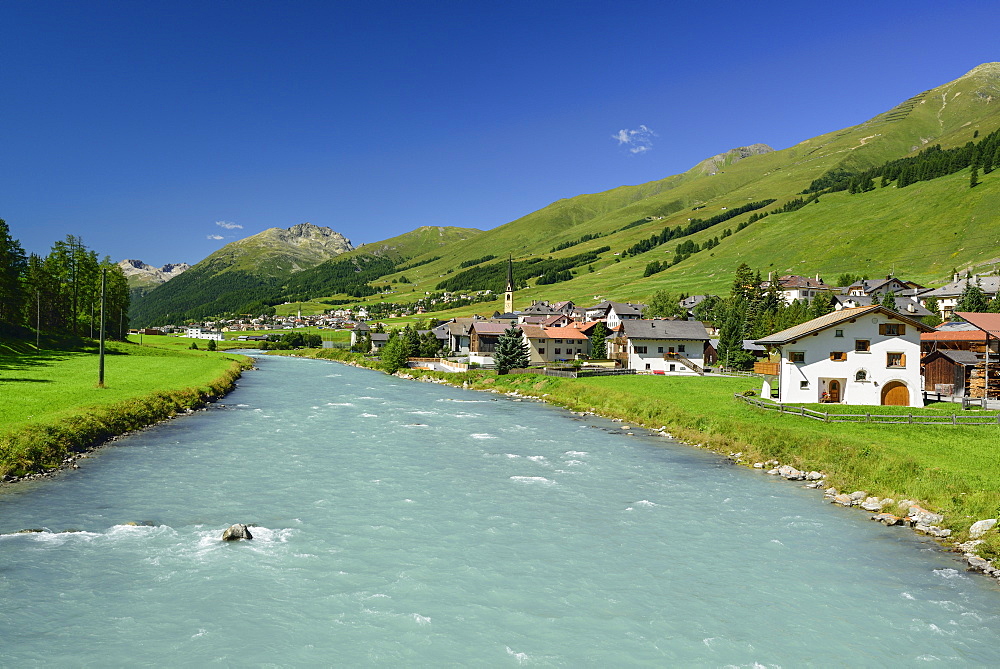 View over Inn river to S-chanf, La Plaiv, Upper Engadin, Canton of Graubuenden, Switzerland