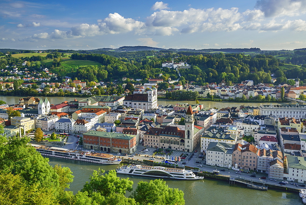 Old town with town hall and church of St. Michael, Passau, Lower Bavaria, Germany