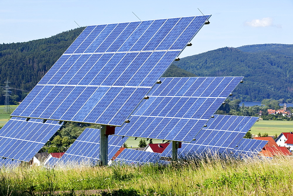 Solar park in summer, Lieschensruh, Edertal, Hesse, Germany, Europe