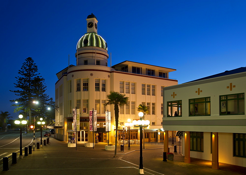 The Dome of the T&G Building in Art Deco design at dusk, Napier, Hawke's Bay, North Island, New Zealand